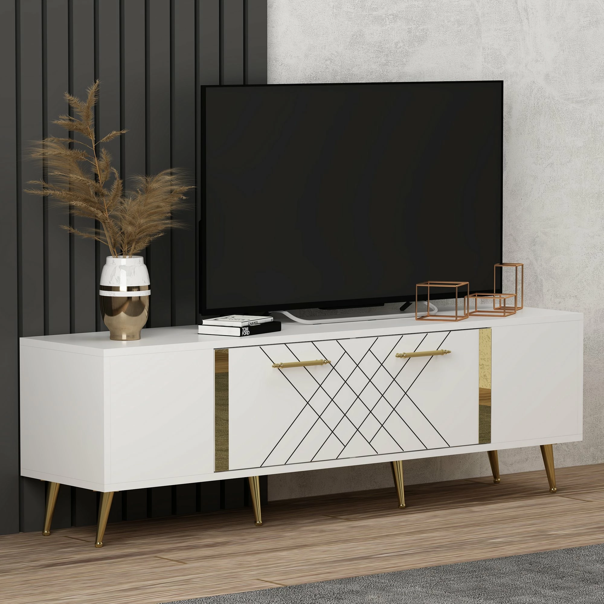 Komodë televizori, ngjyrë e bardhë dhe ari, Skye Decor, dizajn modern, 150x48.2x35cm