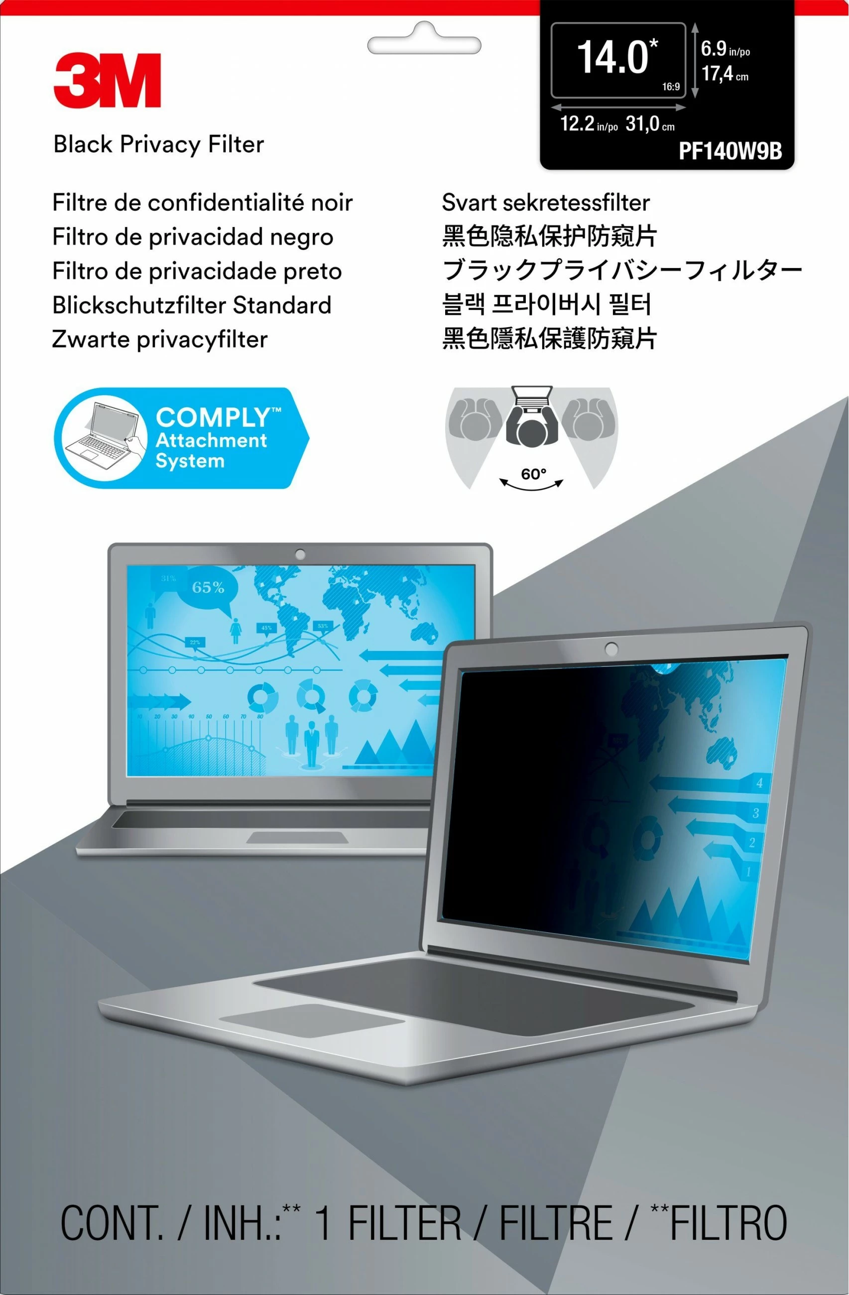 Filtër privatësie 3M për laptop 14 inç, 16:9, anti-glare, i zi