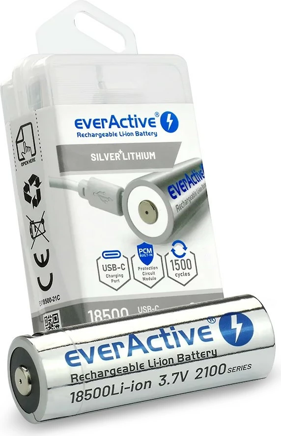 Bateri e rikarikueshme everActive 18500 Li-ion 3.7V, 2100 mAh, USB-C, Silver
