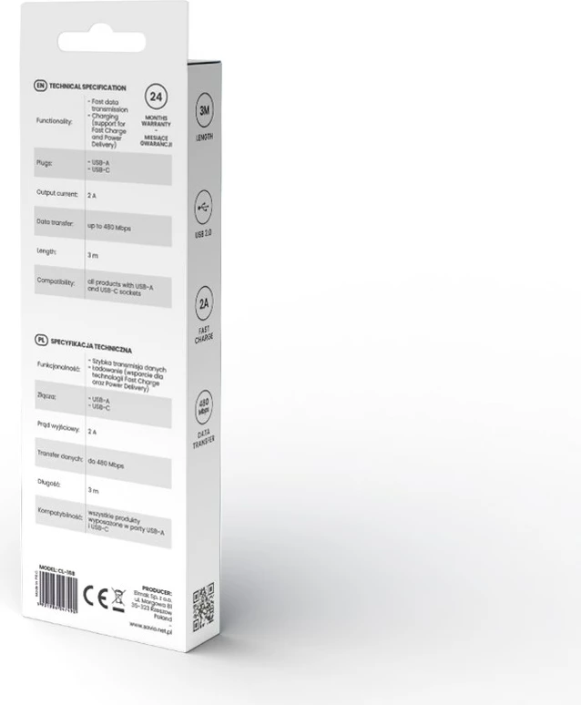 Kabllo Savio USB-A/ USB-C, 2m, e bardhë  