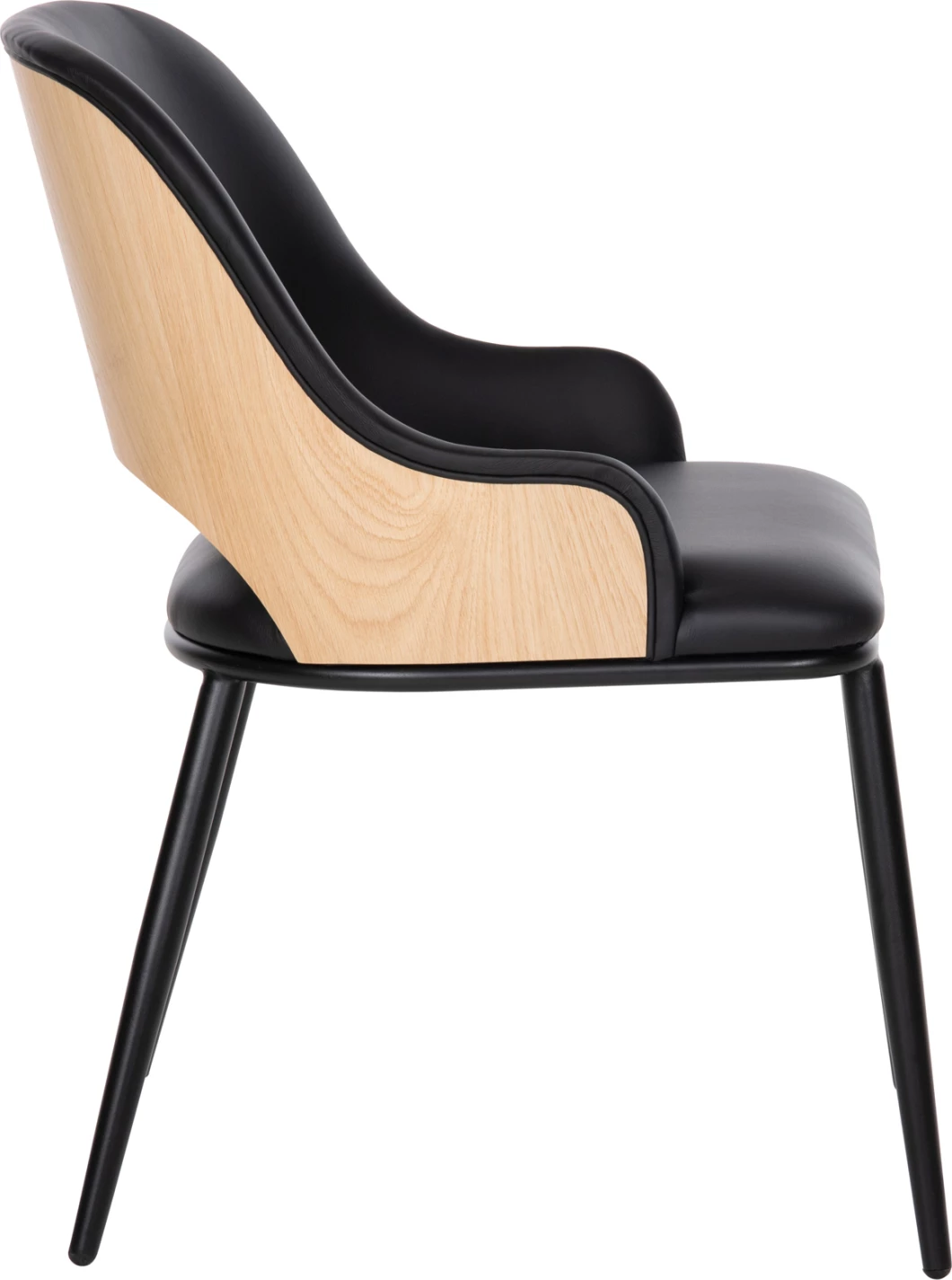 Karrige ngrënieje DELF FH9617.01 PU e zezë-këmbë metali të zeza-shpinë druri natyrale 48x55x76H cm., set prej 2 copë