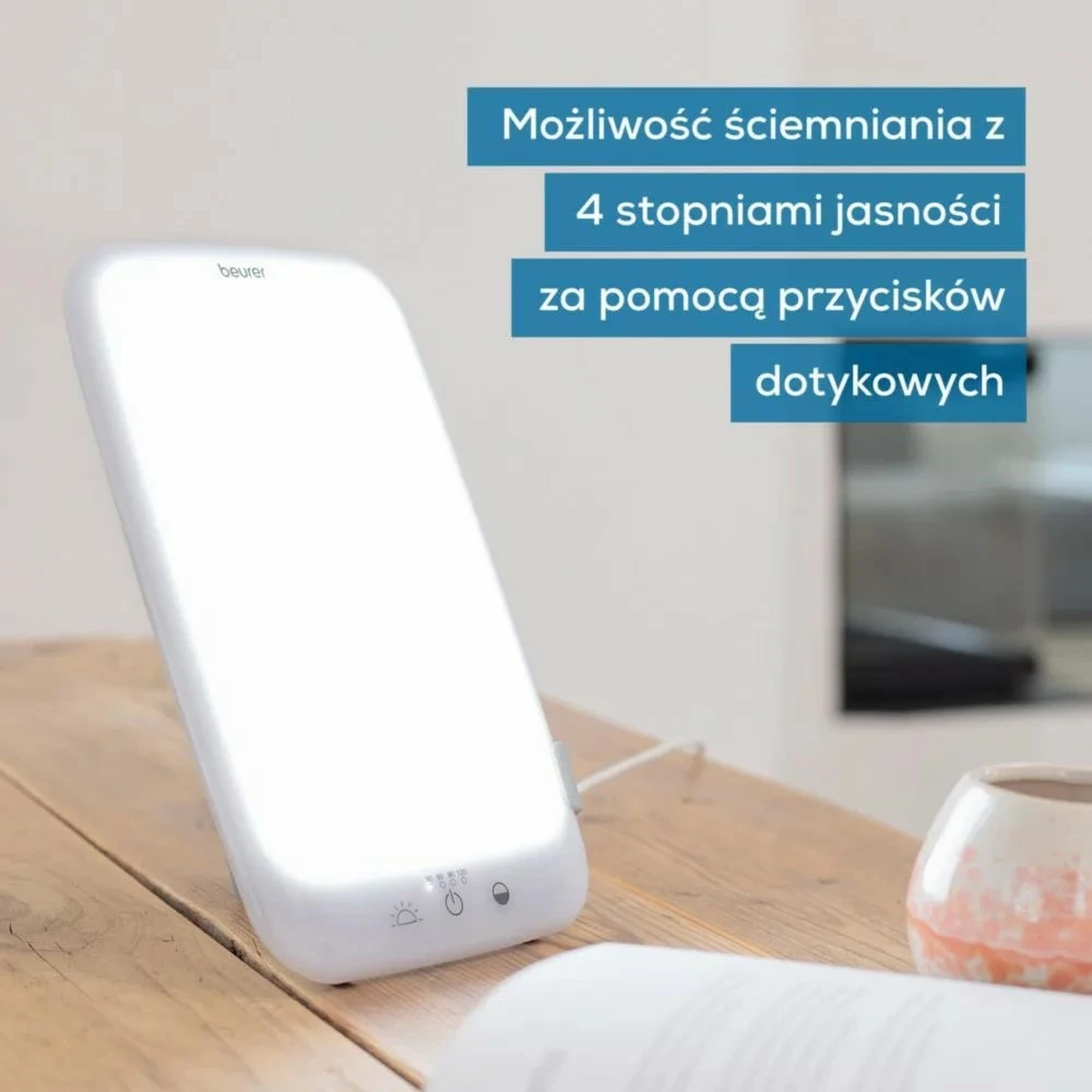 Lampë dite/terapie me dritë, Beurer TL35, 10 000 lx, sipërfaqe 14×20 cm, 3 temperatura ngjyre, dimmer 4 nivele, timer 30–120 min, e bardhë
