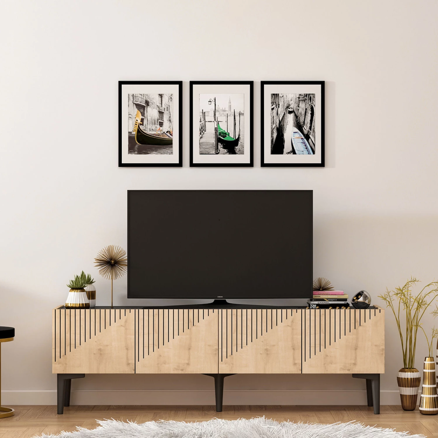 Mobilje TV melamin, ngjyrë natyrale dhe sipërfaqe mermeri të zi, 154x37x45Hcm, FH9435.01