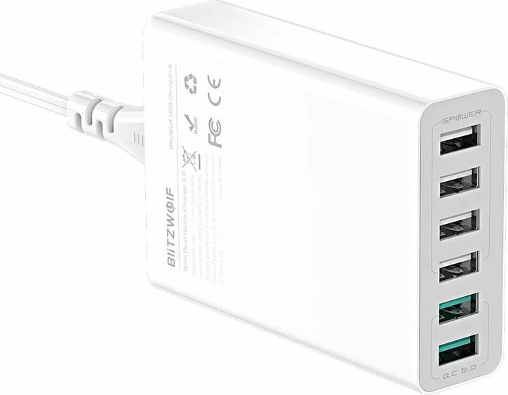 Karikues BlitzWolf BW-S15, 6x USB, QC 3.0, 60 W, i bardhë