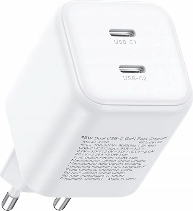 Karikues Ugreen X526, Dual USB-C GaN 45W, bardhë
