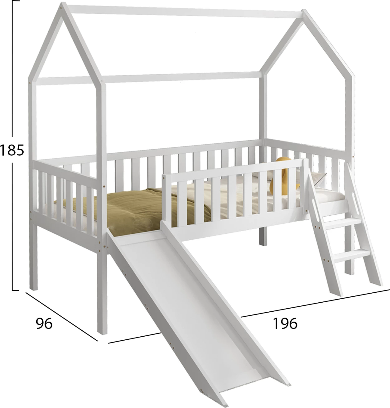 Krevat për fëmijë Montessori me rrëshqitëse, dru pishe, i bardhë, FH701.03, për dyshek 190x90cm