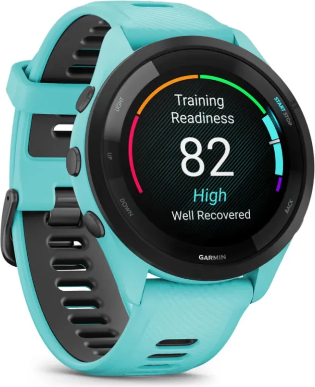 Smartwatch Garmin Forerunner® 265 Black Bezel, Aquamarine Case, Aquamarine/Black Silicone Strap, 46 mm