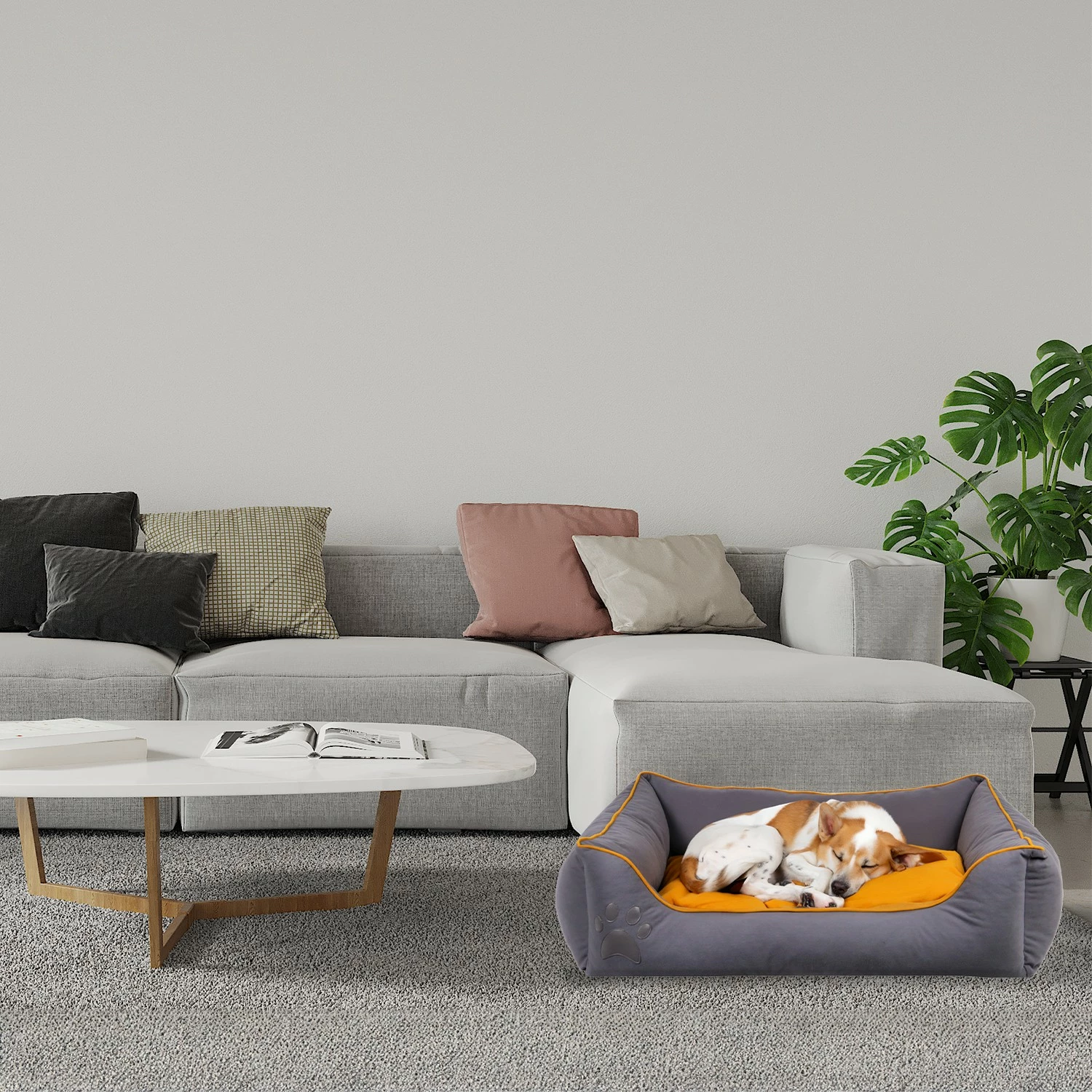 Shtrat për qen e mace, Paws & Whiskers, ngjyrë gri dhe mustard, madhësia L