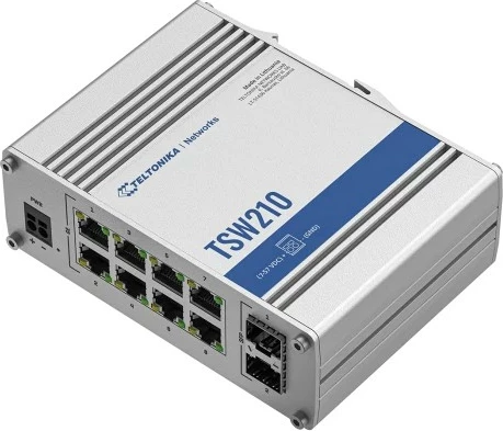 Switch industrial TELTONIKA TSW210, 8xGbE PoE+, 2xSFP, DIN RAIL, Paneli i pasëm
