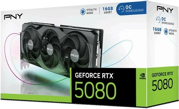 Kartelë grafike PNY GeForce RTX 5080 Overclocked Triple Fan, 16GB DDR7, 256-bit, e zezë