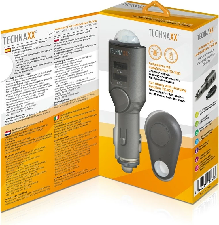 Alarm veture Technaxx TX-100 me 2 porta USB, Gri