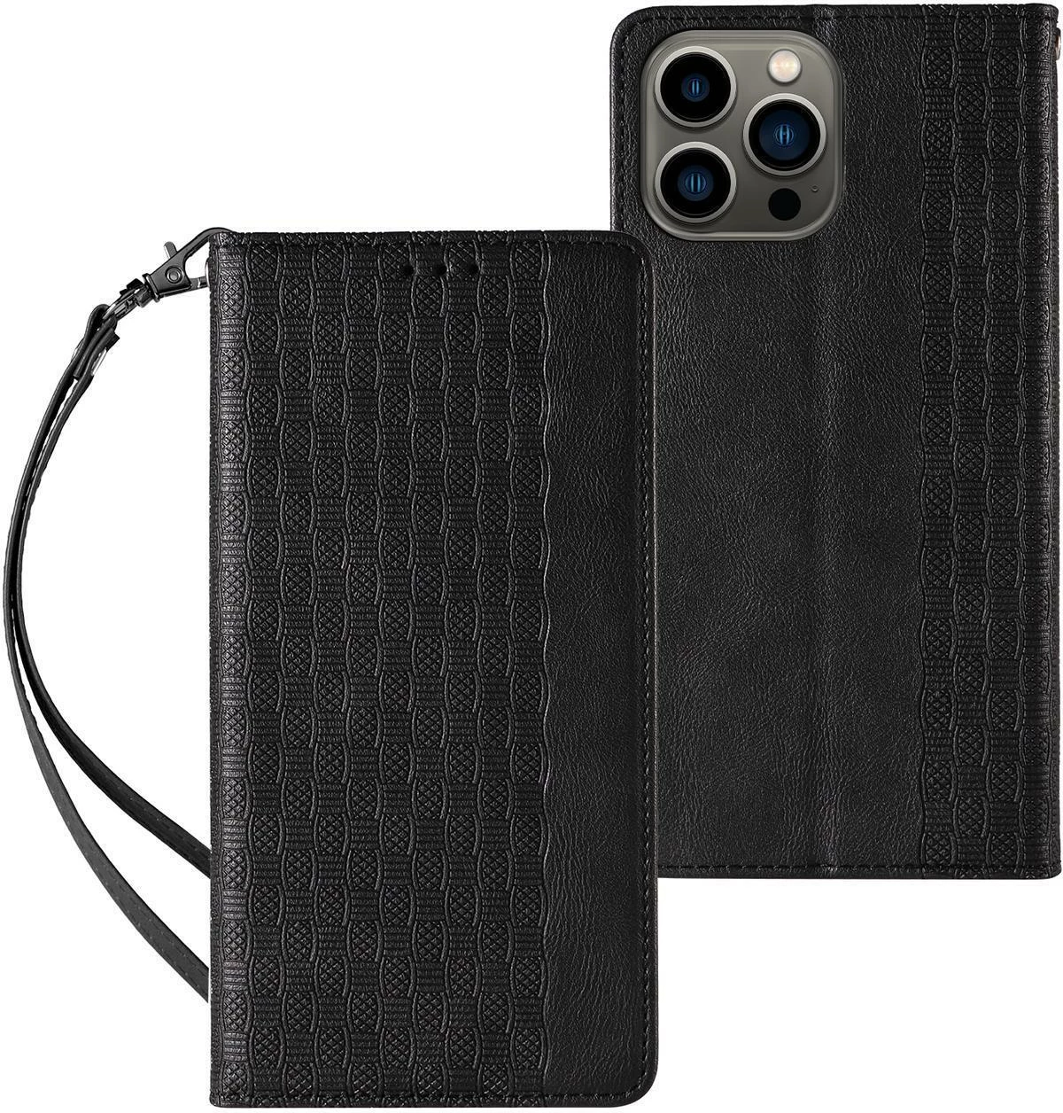 Mbështjellës Hurtel Magnet Strap Case për iPhone 14, me kapak, portofol, qëndrim, rrip dore, e zezë