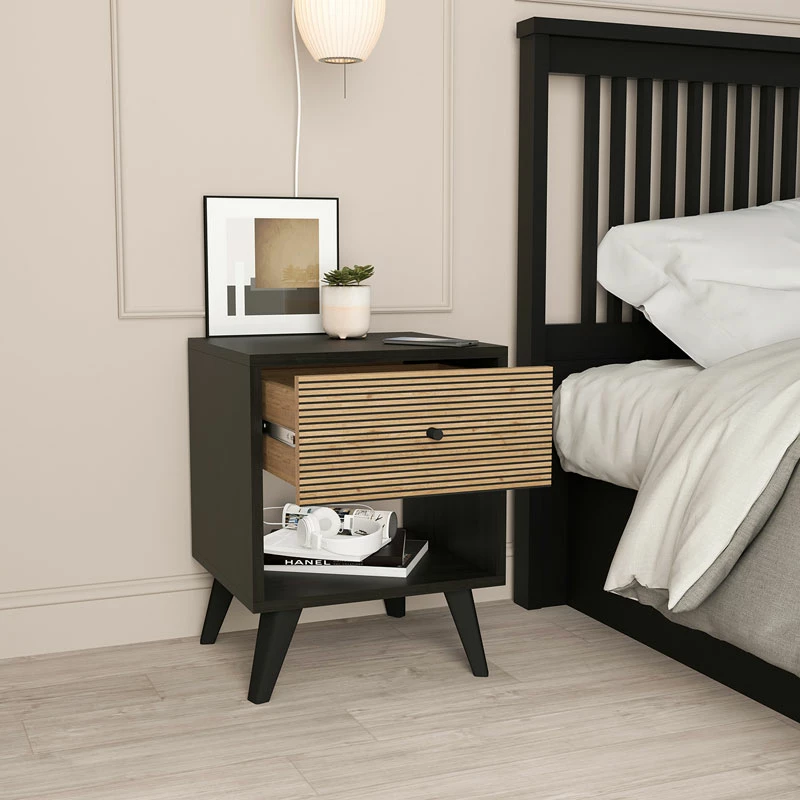 Komodinë anësore Flipter melaminë, ngjyrë e zezë-lisi, 40x40x55cm