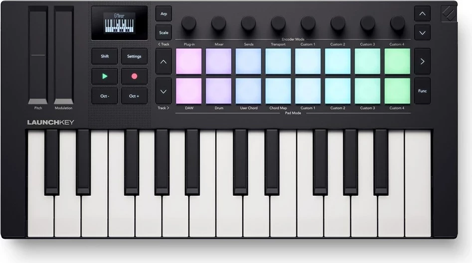 MIDI keyboard Novation Launchkey Mini 25 MK4, 25 taste, 16 pads RGB, Ekran OLED, i zi