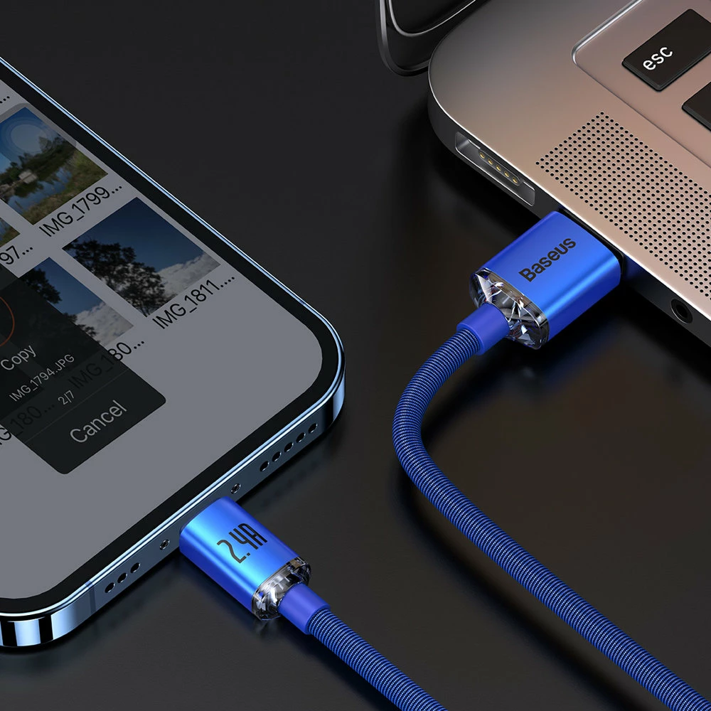 Kabllo karikimi dhe të dhënash Baseus Crystal Shine Series, USB-A në Lightning, 2.4A, 2m, kaltër