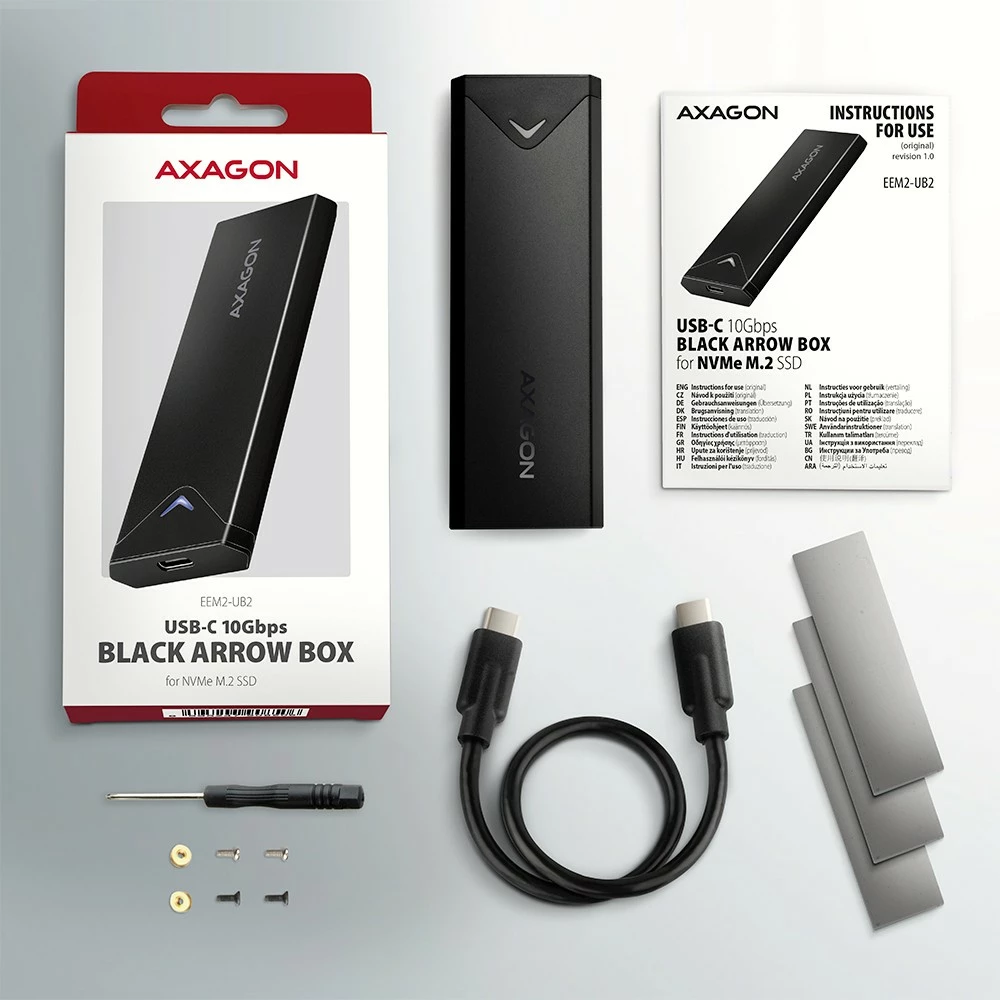 Kasë e jashtme AXAGON EEM2-UB2 për M.2 NVMe SSD, USB-C 3.2 Gen 2, e zezë