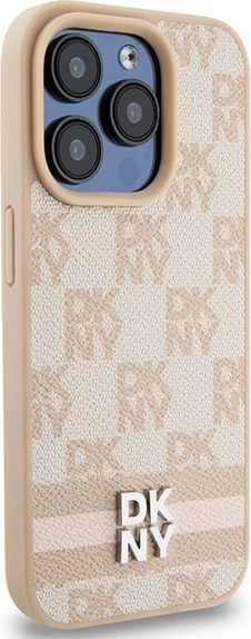 Mbështjellës DKNY Checkered Mono Pattern & Printed Stripes për iPhone 15 Pro, rozë
