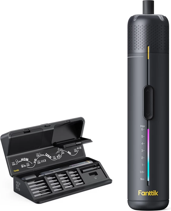 kaçavidë elektrike pa kabllo Fanttik S2 Pro, bateri 2000 mAh, 7 nivele torque 0.5-6 N·m, 250 rpm, USB-C, LED, set me 20 bitë, gri e errët