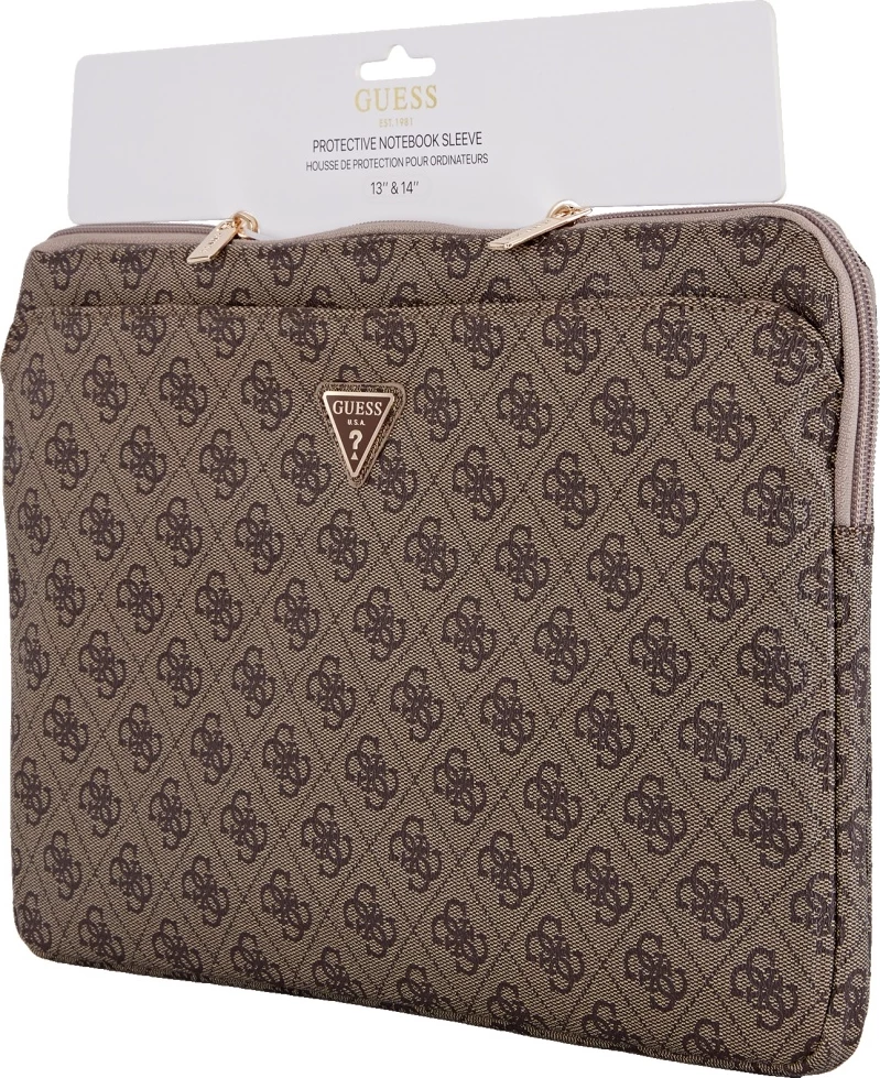 Mbështjellës laptop Guess 4G Zipper Pocket Triangle Logo, 14", Kafe