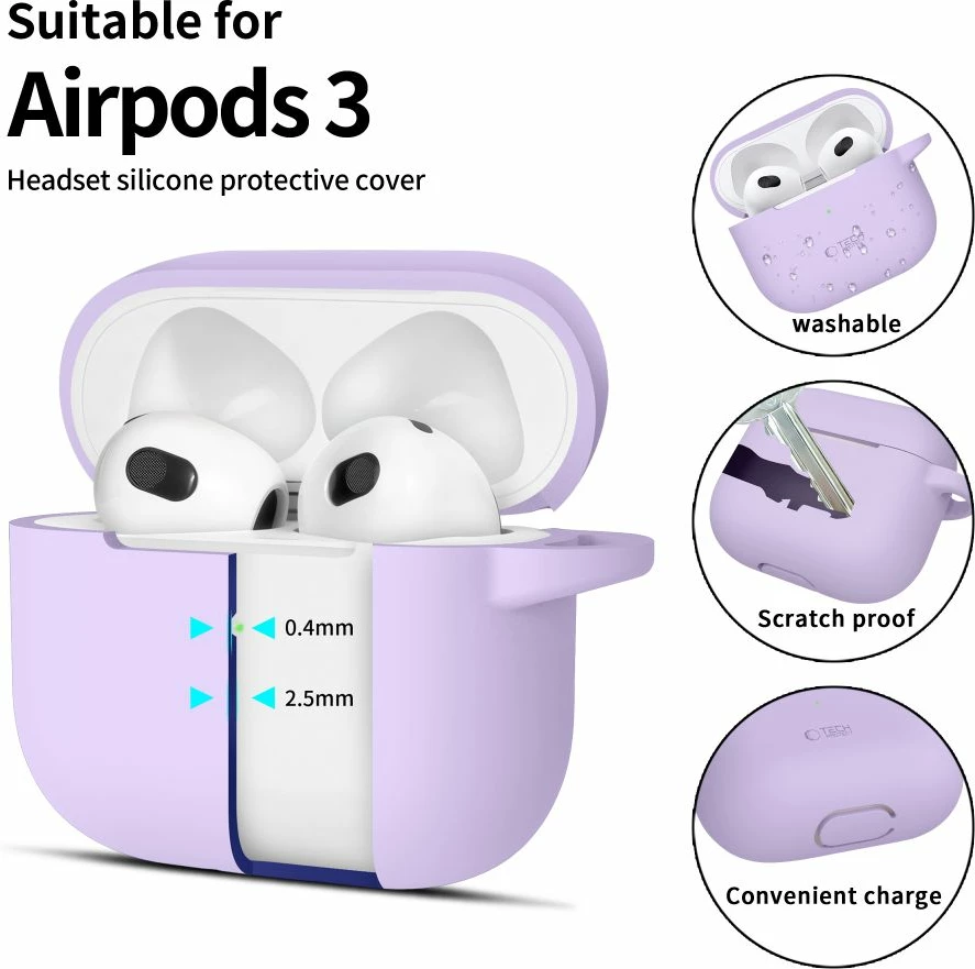 Mbështjellës Tech-Protect për AirPods 3, silikon, me karabiner, vjollcë