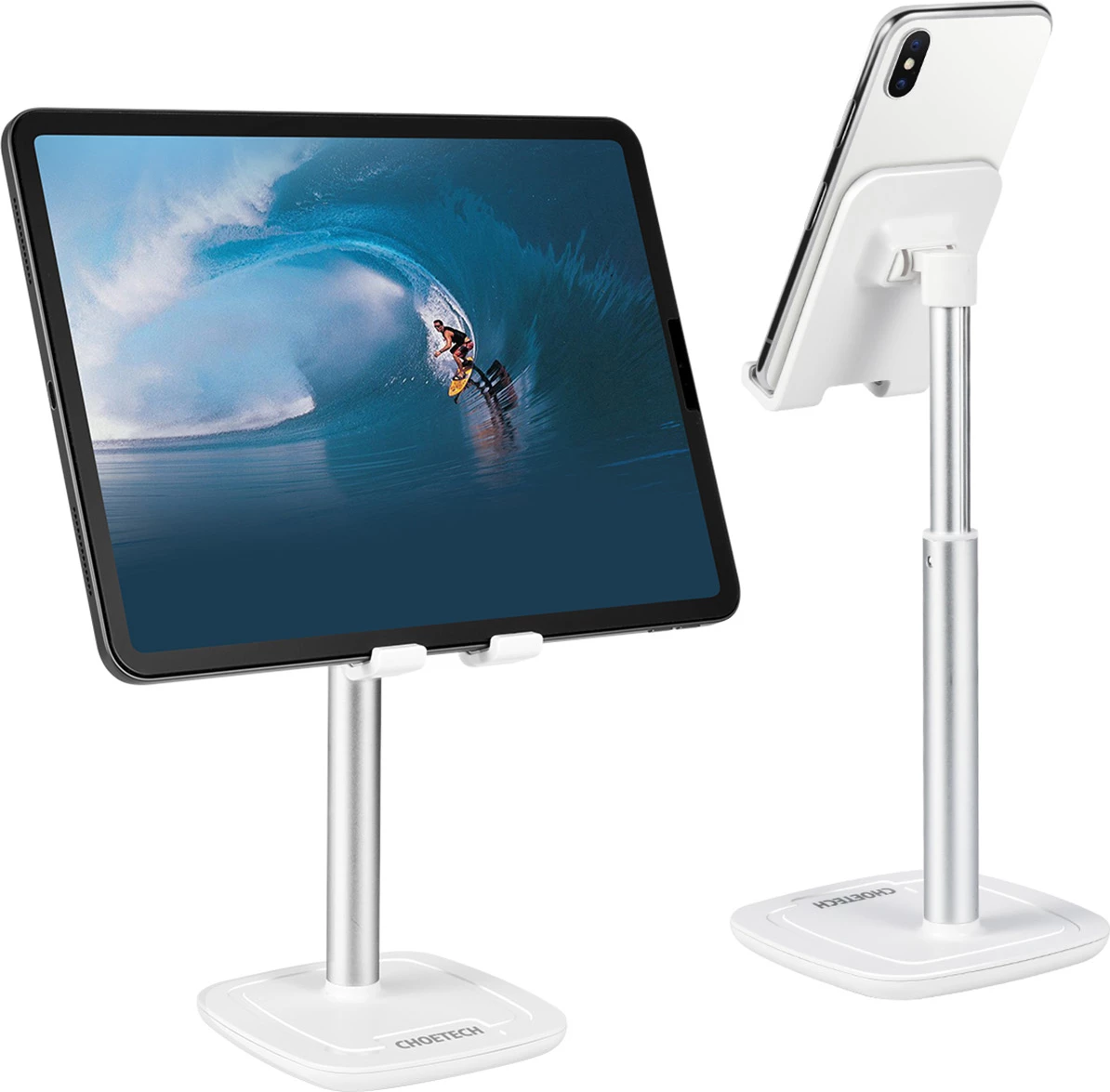 Mbajtëse telefoni/tableti Choetech H035, alumini, e bardhë dhe argjendtë, rregullim këndi dhe lartësie