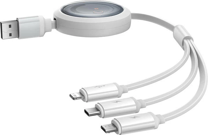 Kabllo karikimi 3-në-1 Baseus Free2Draw, USB në micro USB + USB-C + Lightning, 1.1m, e bardhë