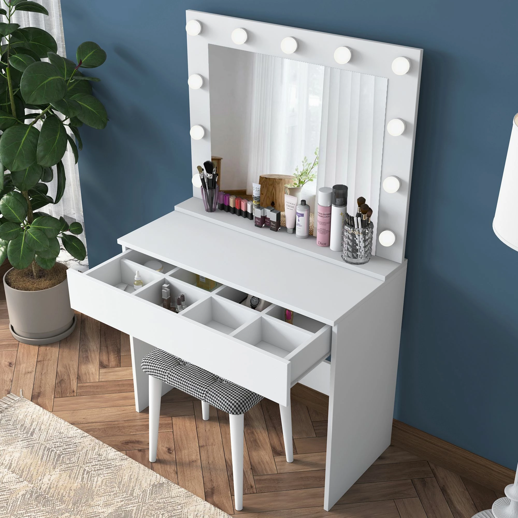 Tavolinë grimi Hanah Home, BJ121 - 2934, e bardhë, me pasqyrë dhe puf