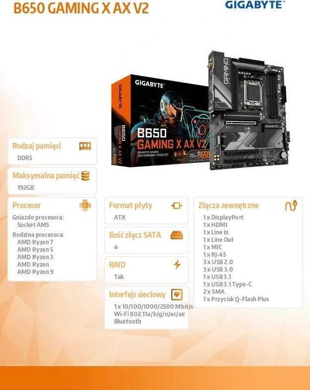 Pllakë amë Gigabyte B650 GAMING X AX V2, Socket AM5, ATX, 4x DDR5, Wi-Fi 6E, E zezë