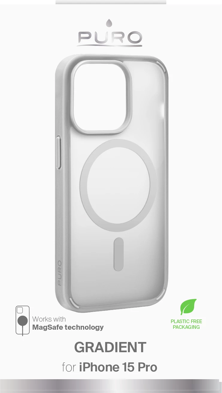 Mbështjellës Puro Gradient MagSafe për iPhone 15 Pro, silikon, argjendtë