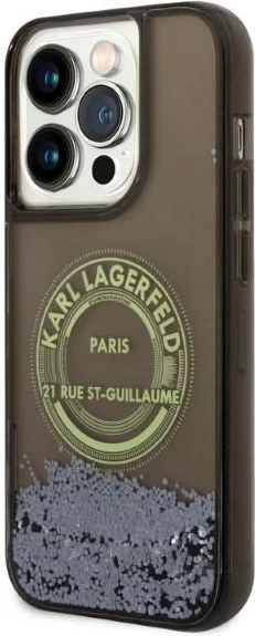 Mbështjellës Karl Lagerfeld Liquid Glitter RSG për iPhone 14 Pro, i zi