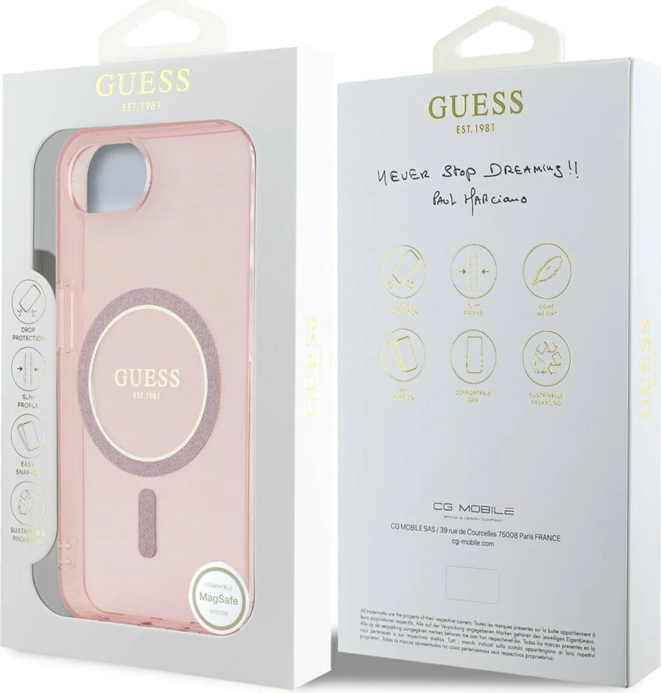 Mbështjellës Guess IML Glitter Circle MagSafe për iPhone 16e, rozë