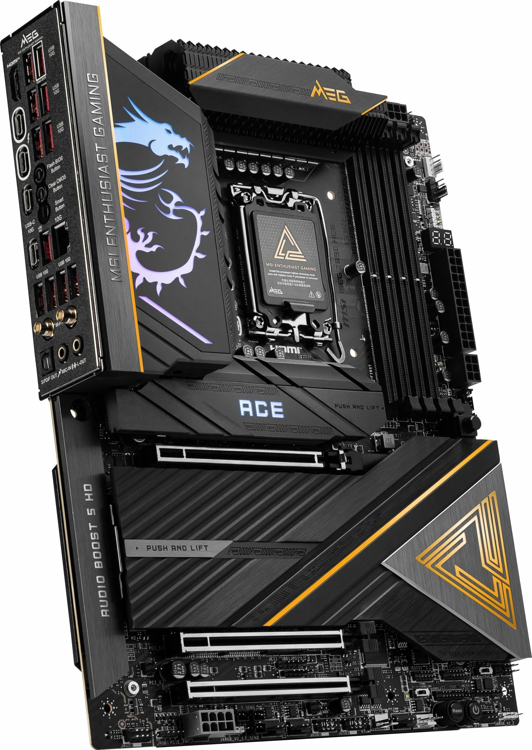 Pllakë amë MSI MEG Z890 ACE, ATX, Intel Z890, DDR5 deri 256GB, PCIe 5.0, Wi‑Fi 7, 10G LAN, Thunderbolt 4, zi/ari, set me antenë Wi‑Fi