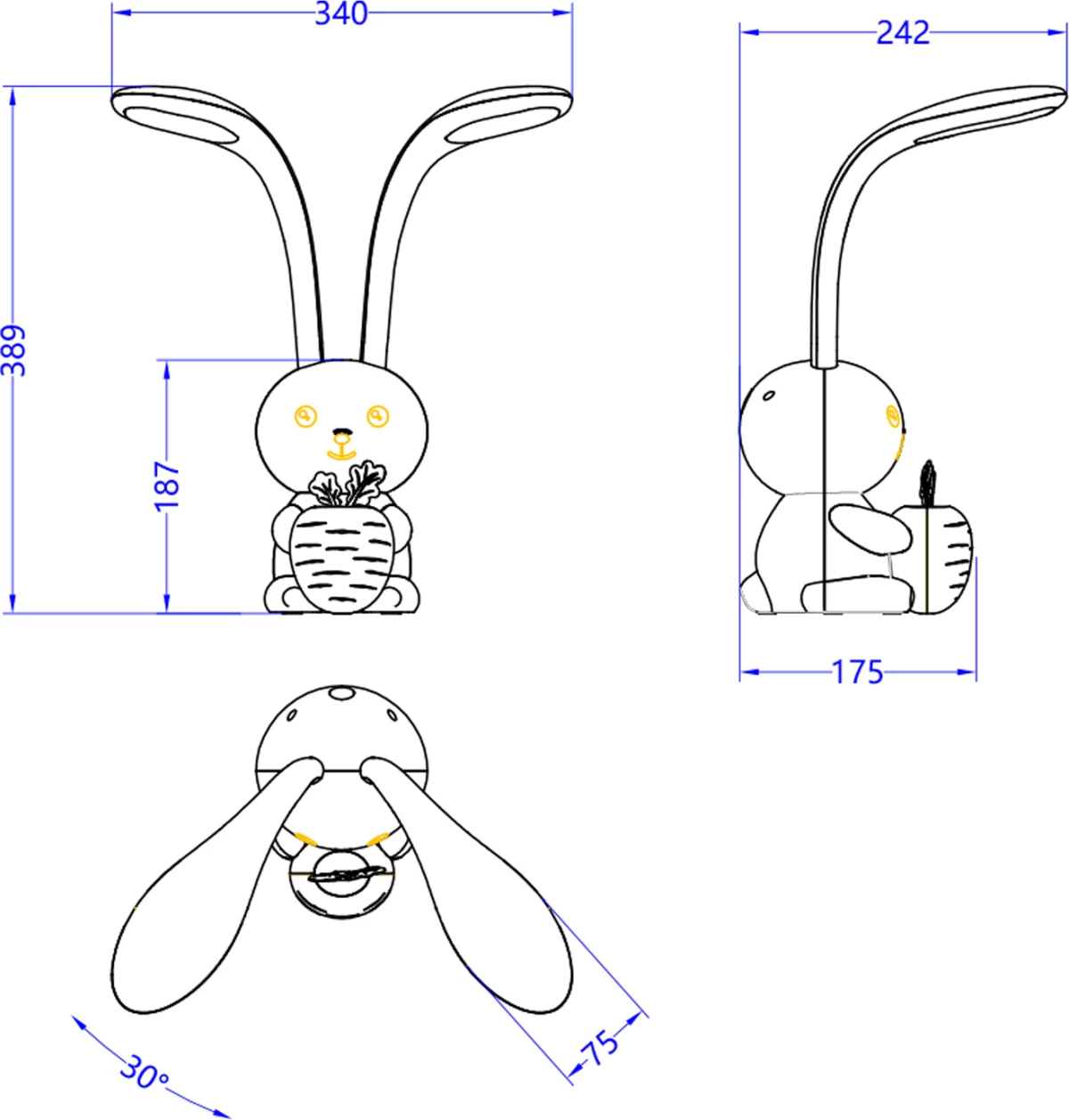 Llambë tavoline për fëmijë, figurë lepurushi, LED, BADOO, FB94456.04, ngjyrë e verdhë, ABS