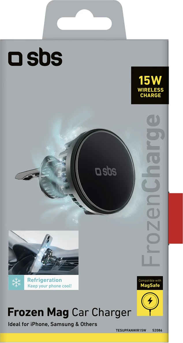 Mbajtës magnetik me karikues wireless SBS TESUPFANWIR15W, për grilë të ajrit, 15W, me ftohje, i zi
