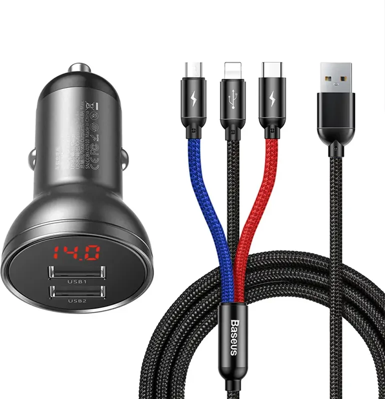 Karikues veture Baseus TZCCBX-0G, 24W, me ekran, 2x USB-A, kabllo 3-në-1, 1.2m, argjendtë