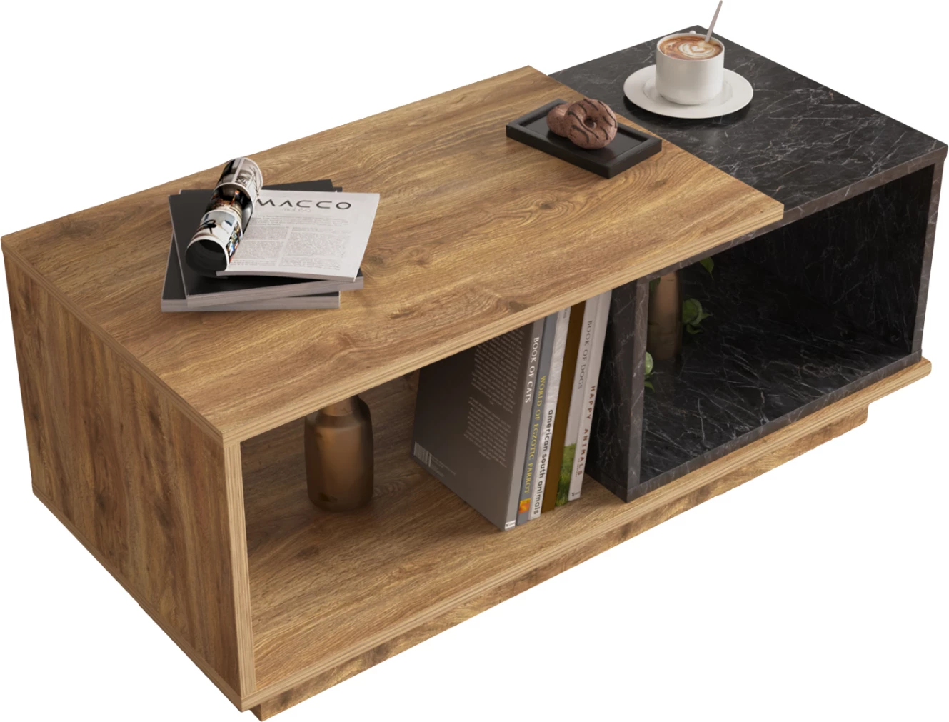 Tavolinë kafeje TELES FH18181.02 melaminë, ngjyrë druri natyral dhe mermer i zi, 100x45x42H cm