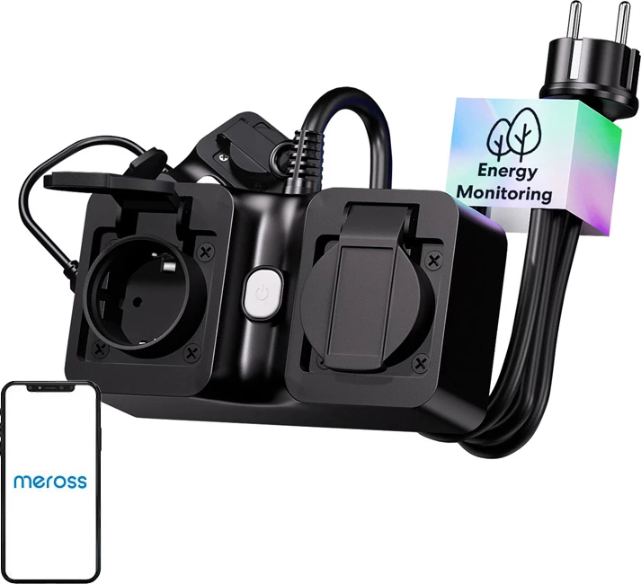 Zgjatës i mençur Wi‑Fi, Meross, MOP320MA-EU, 2 dalje të kontrollueshme veç e veç, Matter, IP44, 16A 3680W, kabllo 1.5 m, e zezë