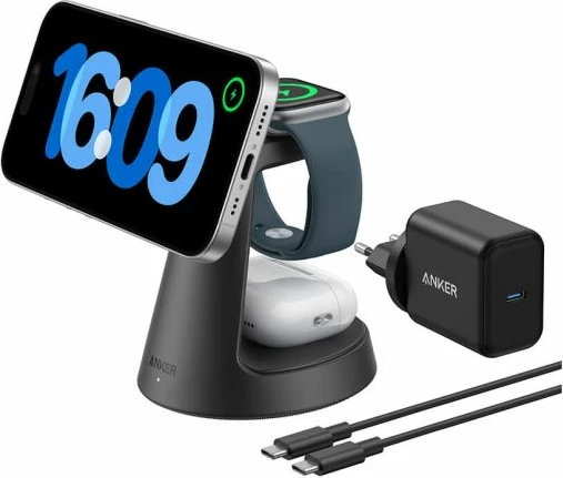 Stacion karikimi pa kabllo Anker MagGo B25M4G11 3-në-1 15W Qi2/MagSafe, i zi, set me adapter USB-C PD 36W + kabllo USB-C
