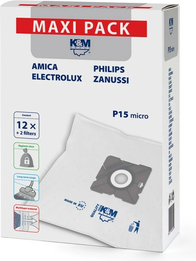 Qese fshese me korent K&M P15/maxi, 12 copë + 2 filtra, për Amica, Philips, Electrolux, Zanussi