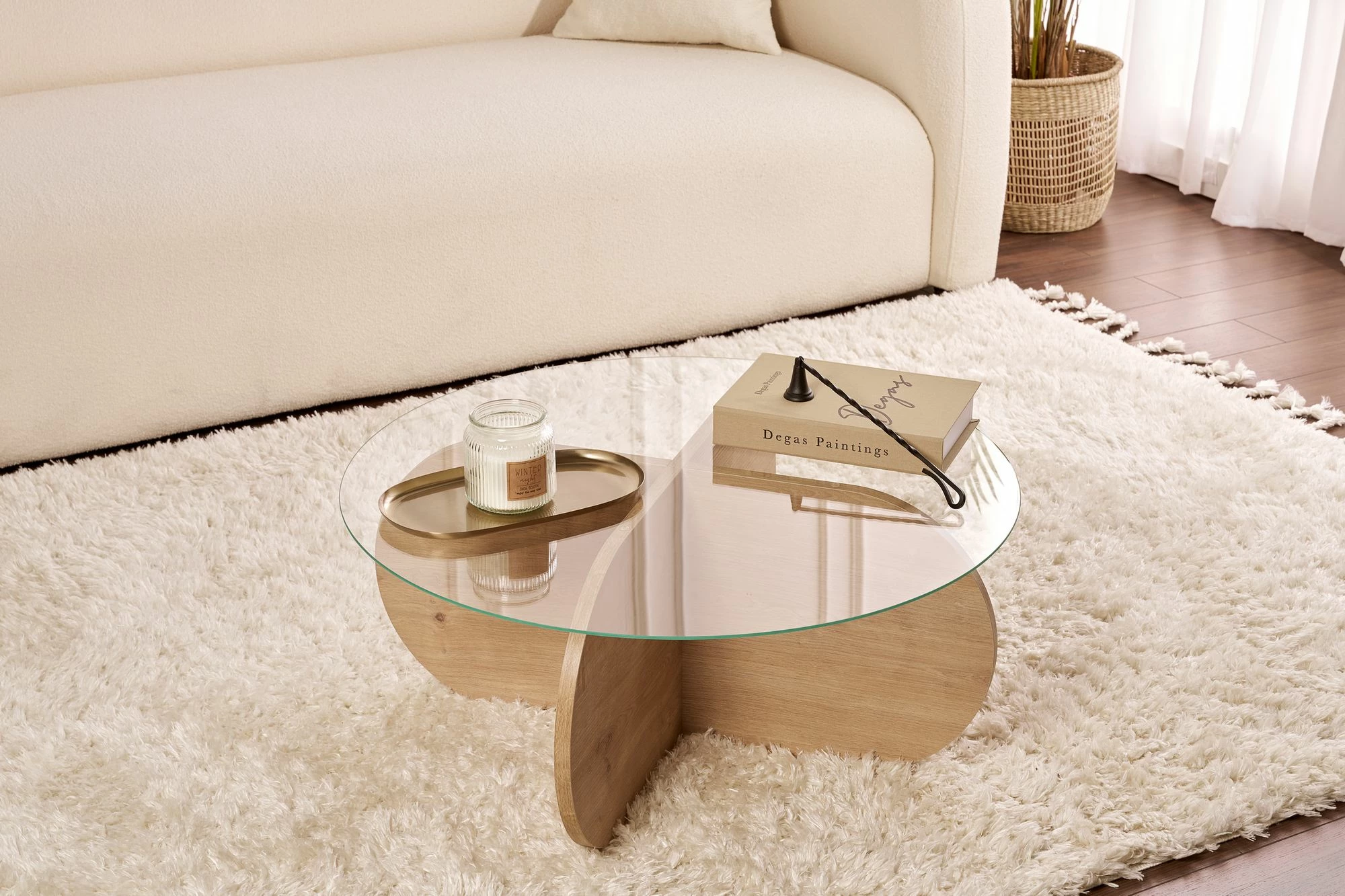 Tavolinë kafeje Nordure, Aeris, ngjyrë lisi safir, xham transparent