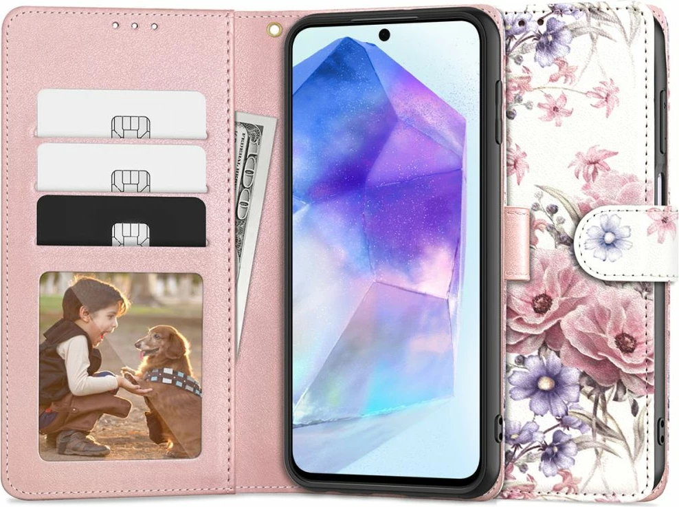 Mbështjellës Tech-Protect Wallet për Samsung Galaxy A55 5G, lule rozë