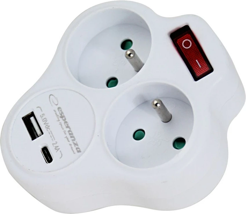 Shpërndarës elektrik Esperanza ELK311W, 2 dalje AC, USB-A, USB-C, Bardhë