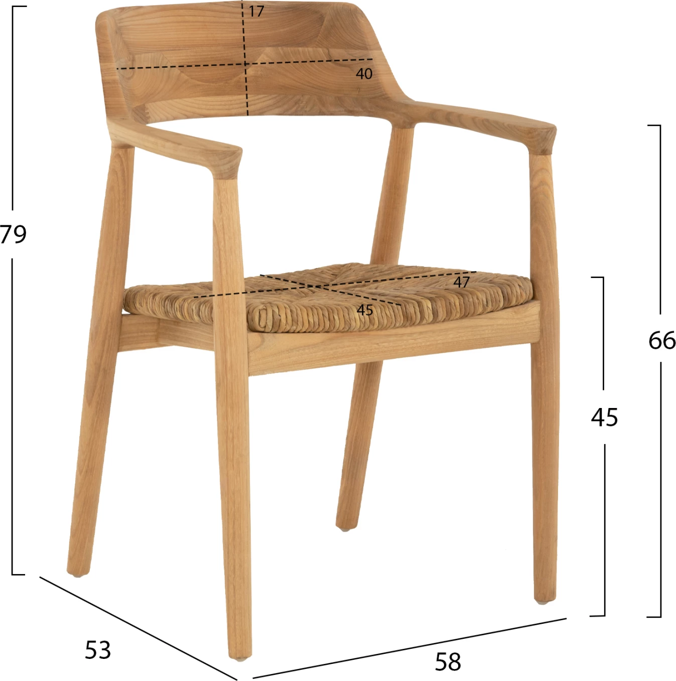 Karrige me krahë, dru teak dhe sedilje kashtë, FH9335, 58x53x79 cm