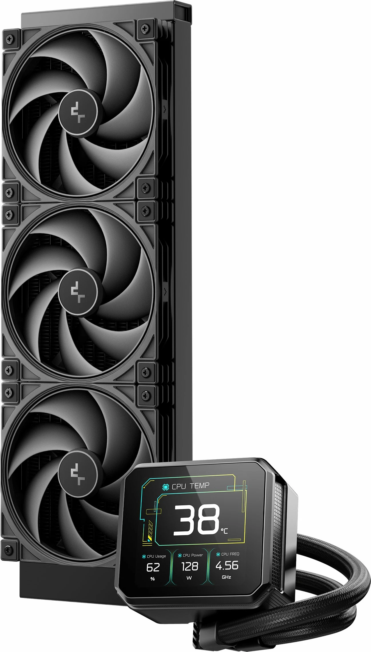 Ftohës uji AIO Deepcool Spartacus 360 LCD (R-SPT360-BKDSMP-G-1), radiator 360mm, 3x120mm PWM, AM4/AM5, LGA1700/1851, e zezë, set