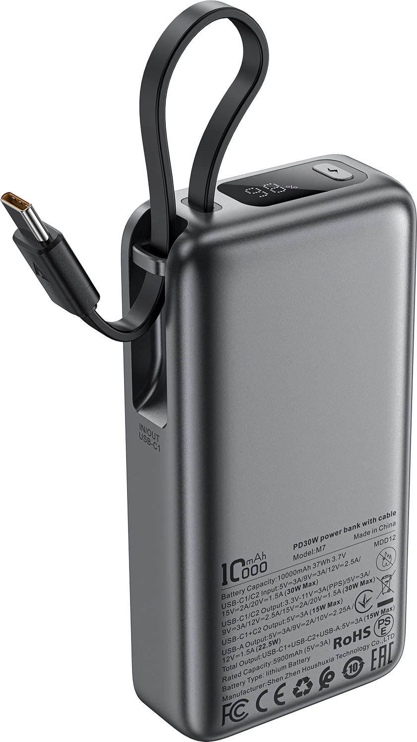 Powerbank Acefast M7-10000 PD30W me kabllo të integruar, e zezë