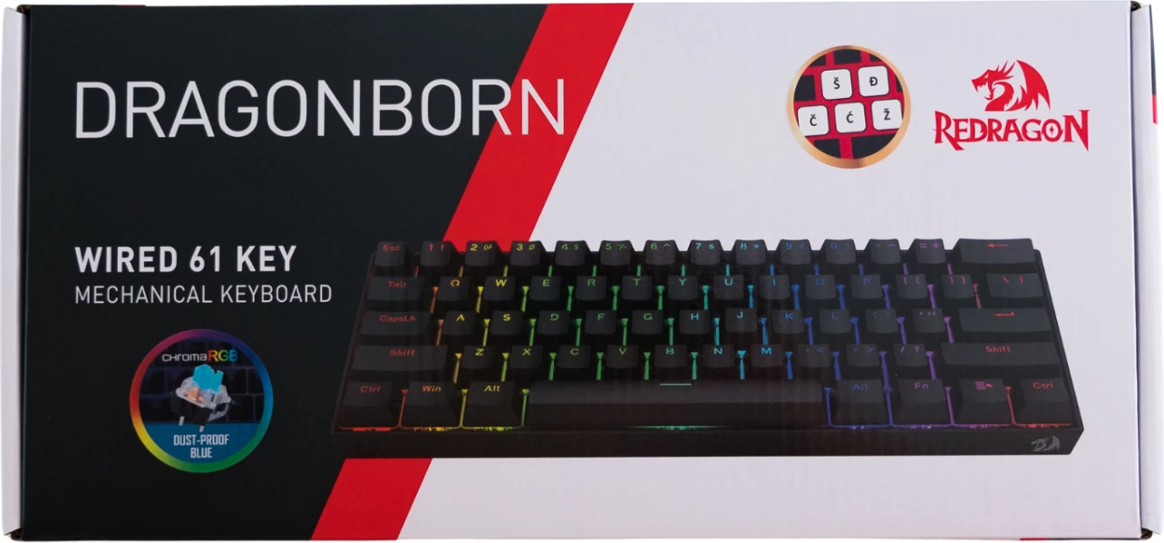 Tastierë mekanike gaming Redragon Dragonborn K630, 61 taste, RGB, switch Blue, USB-C, layout SLO/CRO, e zezë
