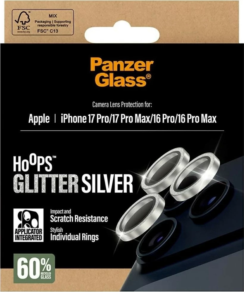Mbështjellës PanzerGlass Hoops Glitter për kamerë iPhone 16 Pro/16 Pro Max/17 Pro/17 Pro Max, argjendtë