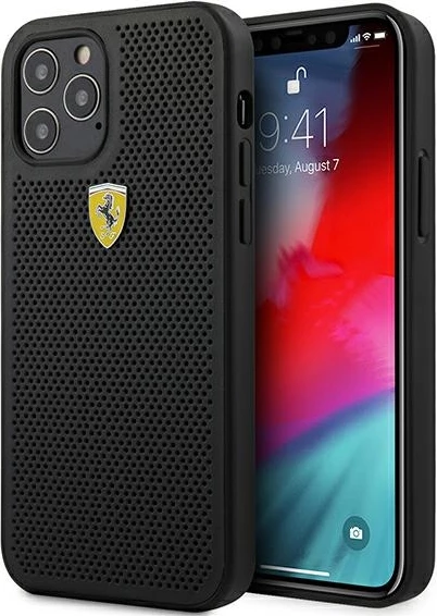 Mbështjellës Ferrari FESPEHCP12LBK për iPhone 12 Pro Max 6.7", i fortë, On Track Perforated, i zi