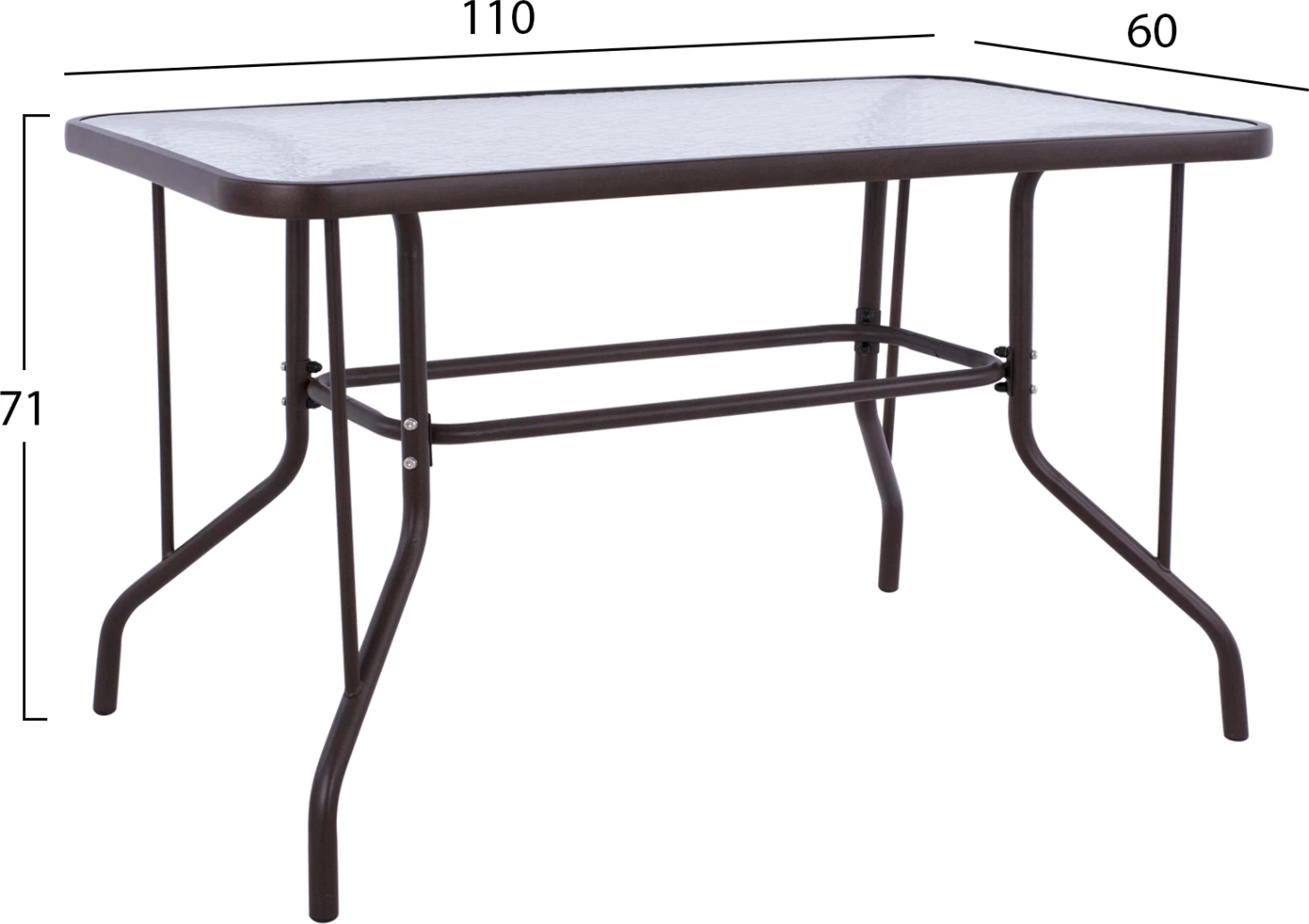 Tavolinë metalike për jashtë ADAM, ngjyrë kafe, me sipërfaqe xhami të forcuar, 110x60x71H cm