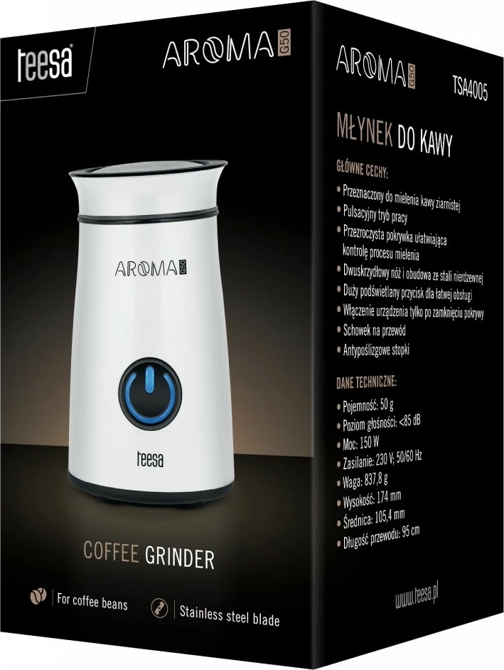 Bluajse kafeje TEESA Aroma G50, 50g, 150W, Bardhë